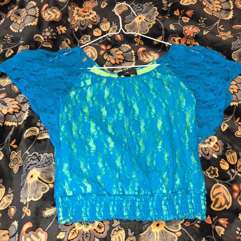 blue and green lace shirt